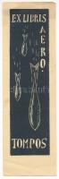 Tompos Ernő (1907-1989): Ex libris Aero Tompos (hulló bombák, feltehetően II. világháború alatt készült). Linómetszet, papír, jelzett a linón, 15×4 cm