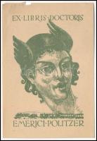 Petry Béla (1902-1996): Ex libris doctoris Emerici Politzer, 1938. Klisé, papír, jelzett a klisén, lapszél apró sérüléssel, 8×5 cm