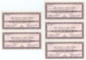 Románia 1983. "Román Külkereskedelmi Bank" 100L utazási csekk (5x) sorszámkövetők, perforációval, bélyegzéssel, lyukasztással T:F Romania 1983. "Romanian Foreign Trade Bank" 100 Lei travellers cheques (5x) with consecutive serials, with overprint, perforation, and hole C:F