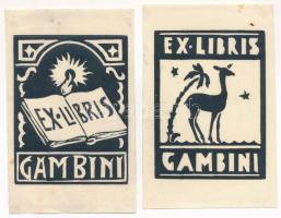 Ivano Gambini (1904-1992): 2 db ex libris Gambini, linó, papír, jelzés nélkül, 8x6 cm