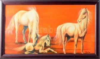 Völgyi Sándor (1949-2013): Lovak csikóval. Olaj, vászon, falemezen, jelzett. Fakeretben. 25x46 cm