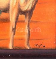 Völgyi Sándor (1949-2013): Lovak csikóval. Olaj, vászon, falemezen, jelzett. Fakeretben. 25x46 cm