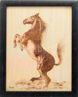 Völgyi Sándor (1949-2013): Ágaskodó ló. Elektrográfia, rétegelt falemez, jelezve balra lent. Hátoldalán autográf felirattal. Üvegezett fakeretben. 30x23,5 cm
