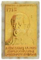 1960. "A Kossuth Lajos Közgazdasági Szakközépiskolától - Budapest XII. Márvány utca 32 1918" aranyozott bronz plakett (50x80mm) márvány posztamensen, hátoldalán bőr talppal és pecséttel (60x90x13mm) T:XF