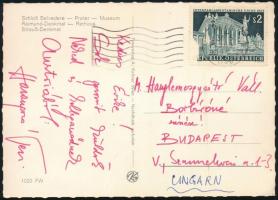 Harangozó Teri (1943-2015) énekesnő autográf sorai és aláírása képeslapon