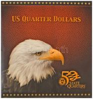 Amerikai Egyesült Államok 1999-2008. 1/4$ aranyozott Cu-Ni "50 Állam" (35xklf), nagyalakú az Egyesült Államok térképét ábrázoló karton berakóban T:AU USA 1999-2008. 1/4 Dollar gilt Cu-Ni "50 States Quarters" (35xdiff) full set, in custom made cardboard binder depicting the map of the USA C:AU