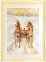 Váczi Lajos (XX. sz. második fele): Lovasszán. Olaj, farost, jelzett, üvegezett fakeretben, 84x60 cm