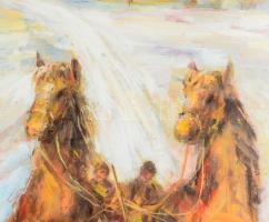 Váczi Lajos (XX. sz. második fele): Lovasszán. Olaj, farost, jelzett, üvegezett fakeretben, 84x60 cm