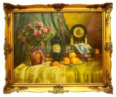 Ladányiné, Joszits Mária (1877-?): Csendélet órával. Olaj, vászon, jelzett. Dekoratív, kissé sérült fakeretben. 80x100 cm.  KIZÁRÓLAG SZEMÉLYES ÁTVÉTEL, NEM POSTÁZZUK! / ONLY PERSONAL COLLECTION AT OUR OFFICE!