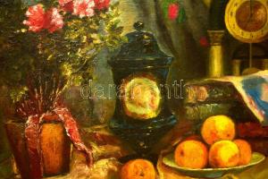 Ladányiné, Joszits Mária (1877-?): Csendélet órával. Olaj, vászon, jelzett. Dekoratív, kissé sérült ...