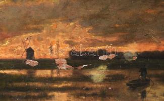 Tölgyessy Artúr (1853-1920): Vízparti naplemente. Olaj, fatábla, jelezve jobbra lent (keret által ki...