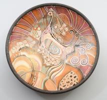 Csíki Margit (Gitka): Madaras tál, hidegen festett terrakotta, jelzett, hibátlan, d: 25 cm