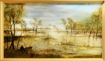 Mikus Ferenc (1938-): Horgász (Tiszapart?). Olaj, farost, jelezve jobbra lent. Fakeretben. 80x137 cm. KIZÁRÓLAG SZEMÉLYES ÁTVÉTEL, NEM POSTÁZZUK! / ONLY PERSONAL COLLECTION AT OUR OFFICE!