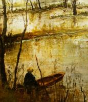 Mikus Ferenc (1938-): Horgász (Tiszapart?). Olaj, farost, jelezve jobbra lent. Fakeretben. 80x137 cm...