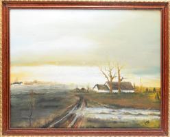 Mikus Ferenc (1938-): Alföldi tanya. Olaj, karton, jelezve jobbra lent. Fakeretben. 55x70 cm.