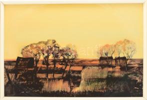 Madarász Gyula (1935-2012): Hajdúsági táj. Vegyes technika, papír, jelzett, hátoldalán Képcsarnok Vállalat címkéivel, mely szerint szerepelt a Derkovits-Teremben rendezett kiállításon, üvegezett fakeretben, 50x73 cm