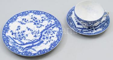 Japán cseresznyevirág mintás vékonyporcelán reggeliző szett. Jelzett, hibátlan, d: 16 cm