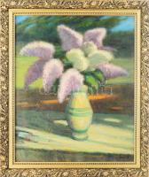 Gecse Árpád (1900-1999): Orgonák, 1975. Olaj, farost. Jelzett. Dekoratív fakeretben. 60x50 cm