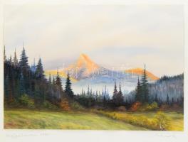 Olvashatatlan jelzéssel, feltehetően erdélyi magyar festő: Nagykőhavas, Erdély, 1960. Gouache, papír. Dekoratív, üvegezett fakeretben. 34x49 cm