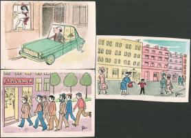Szegő Gizi (1902-1985): 3 db karikatúra. Vegyes technika, papír, jelzett, mindegyik hátoldalán "Ludas Matyi Szerkesztősége" bélyegzővel, feliratozva, 14x20 cm körüli méretben