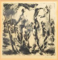 Aba-Novák Vilmos (1894-1941): Fürdőzők (női aktok). Rézkarc, papír, jelzett, számozott (XIX.44), üvegezett fakeretben, hátoldalán Vajda Zoltán budapesti képkeretező korabeli címkéjével, 19x19 cm / Vilmos Aba-Novák (1894-1941): Bathing nudes. Etching on paper, signed, numbered, framed. 19x19 cm