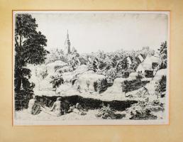 Tarjáni Simkovits Jenő (1895-1995): Igali szérűskert, 1927. Rézkarc, papír, jelzett. Paszpartuban. 30×43 cm