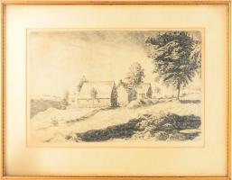 Tarjáni Simkovits Jenő (1895-1995): Három ház. Rézkarc, papír, jelzett. Üvegezett fakeretben. 30×46 cm