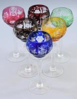 Különféle színekkel pácolt magas kristály borospohár szett, 6 darab, hibátlan, m: 21 cm
