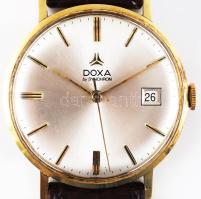 Doxa arany (Au) karóra, napkijelzéssel, 14k, jelzett, bőr szíjjal, hátoldalán MNK BM ajándékozási vésettel, működik, cserélt koronával, d: 33 mm