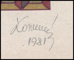 Koppány Frigyes (?-?): Geometria, 1981. Filctoll, papír, jelzett, kartonra kasírozva. 14x14 cm