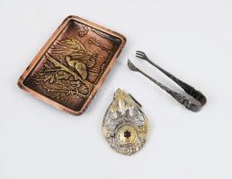 3 darab szecessziós stílusú tárgy, cukorfogó, ruhadísz, tálka, h: 11 cm alatt