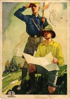 1933 Indanthren textilfesték német reklámlap cserkészekkel, mosás és időjárásálló viselet / German Indanthren textile paint advertisement card with boy scouts. artist signed + "1933 GÖDÖLLŐ IV. JAMBOREE" So. Stpl (EM)