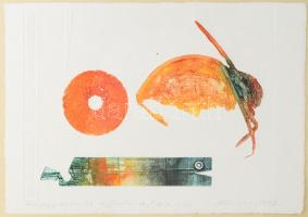 Wieszt József (1951-2007): Összefüggéstelenül, 1997. Színes rézkarc, papír, jelzett, művészpéldány E.A. I./VII. számozással, üvegezett fakeretben, 18,5×25 cm