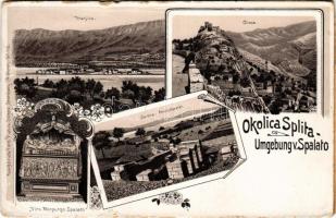 Split, Spalato; Vranjica, Clissa, Salona Amphitheater, Castle Vitturi, Tumba. Ferd. Pialek Söhne / Vranjic, Klissza vára, látkép, síremlék, amfiteátrum romjai / general view, castle tomb, ruins. Art Nouveau, floral, litho (r)