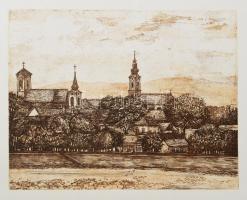 Simon Zoltán (1950-): Szentendrei panoráma. Rézkarc, papír, jelzés nélkül, lap tetetjén paszpartuzás nyomaival, 17,5×23 cm