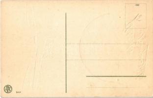 Krampusz repülőgépen a Földgömb körül / Krampus in airplane around the globe. Emb. litho (tűnyom / p...