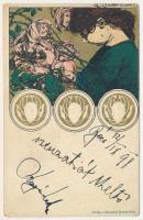 1898 (Vorläufer!) Lady with roses golden art postcard. Gerlach &amp; Schenk (Wien). Art Nouveau, floral, litho s: Otto Carl Czeschka (kopott sarkak / worn corners)