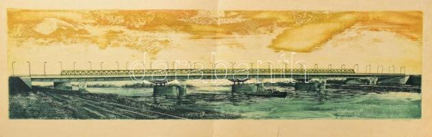 Simon Zoltán (1950-): Híd. Színes rézkarc, papír, jelzett. Közepén hajtásnyommal, lapszéli szakadással és ázásnyomokkal. 19,5x77 cm
