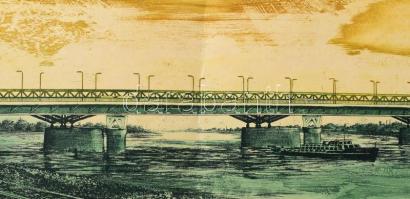 Simon Zoltán (1950-): Híd. Színes rézkarc, papír, jelzett. Közepén hajtásnyommal, lapszéli szakadáss...