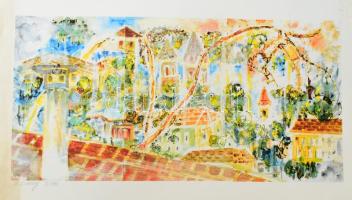 Dobay Zsuzsa (Susan Dobay, 1937-): Háztetők felett (cím nélkül). Nyomat, papír, jelzett, számozott (5/160). Lapszéli elszíneződéssel és kisebb gyűrődésekkel. 22x43 cm