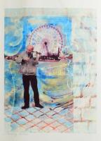 Dobay Zsuzsa (Susan Dobay, 1937-): Hegedűs óriáskerék előtt, vidámparknál (cím nélkül). Nyomat, papír, jelzett, számozott (15/160). Kisebb gyűrődésekkel. 34x25,5 cm