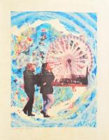 Dobay Zsuzsa (Susan Dobay, 1937-): Járókelők vidámparknál (cím nélkül). Nyomat, papír, jelzett, számozott (14/160). Lapszéli gyűrődésekkel. 34x25,5 cm