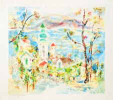 Dobay Zsuzsa (Susan Dobay, 1937-): Vízparti táj (cím nélkül). Nyomat, papír, jelzett, számozott (14/160). 28x31 cm