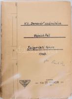 1949 Bp., V.3. ,,Denevér számítása. Vojnich Pál szigorlati terve. József Nádor Műegyetem Repülőgépek Tanszéke. Lefűzve, kissé sérült mappában. + HA-NCC ,,M29"-es teljesítménymérései. Pilóták: Bollmann Béla, Vojnich Pál. Ferihegy, 1944. január 13-27. Sérült papírborítóban.