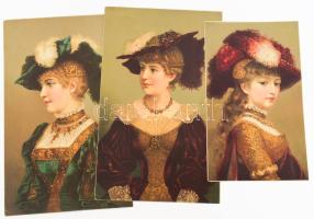 3 db elegáns hölgyeket ábrázoló színes litográfia (kromolitográfia), változó állapotban, 26x15,5 cm és 31,5x19,5 cm