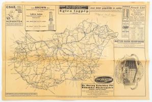 cca 1925 Magyarország vasútvonalainak térképe, reklámokkal, kissé viseltes állapotban, sérülésekkel, ragasztott, 31,5x47 cm