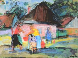 Bényi László (1909-2004): Cigánytelep. Vegyes technika, papír. Jjl.: Bényi L. Hátoldalán Bényi László lánya, Bényi Eszter autográf ajándékozási soraival. 35x46,5 cm. Üvegezett fakeretben,.