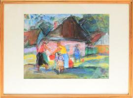 Bényi László (1909-2004): Cigánytelep. Vegyes technika, papír. Jjl.: Bényi L. Hátoldalán Bényi Lászl...