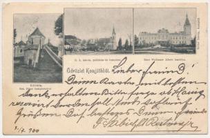 1900 Komját, Komjatice; Kálvária Szt. Péter templomával, Római katolikus iskola, plébánia és templom, Báró Wodianer Albert kastélya. Keller István kiadása / calvary, Roman Catholic church, school and parish, castle (r)