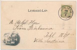 1900 Komját, Komjatice; Kálvária Szt. Péter templomával, Római katolikus iskola, plébánia és templom...